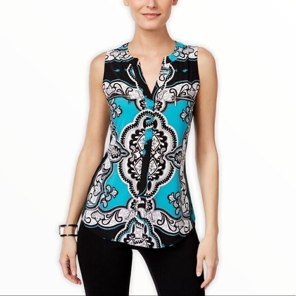 INC International Concepts Print Zip-Pocket Blouse - Picture 1 of 15